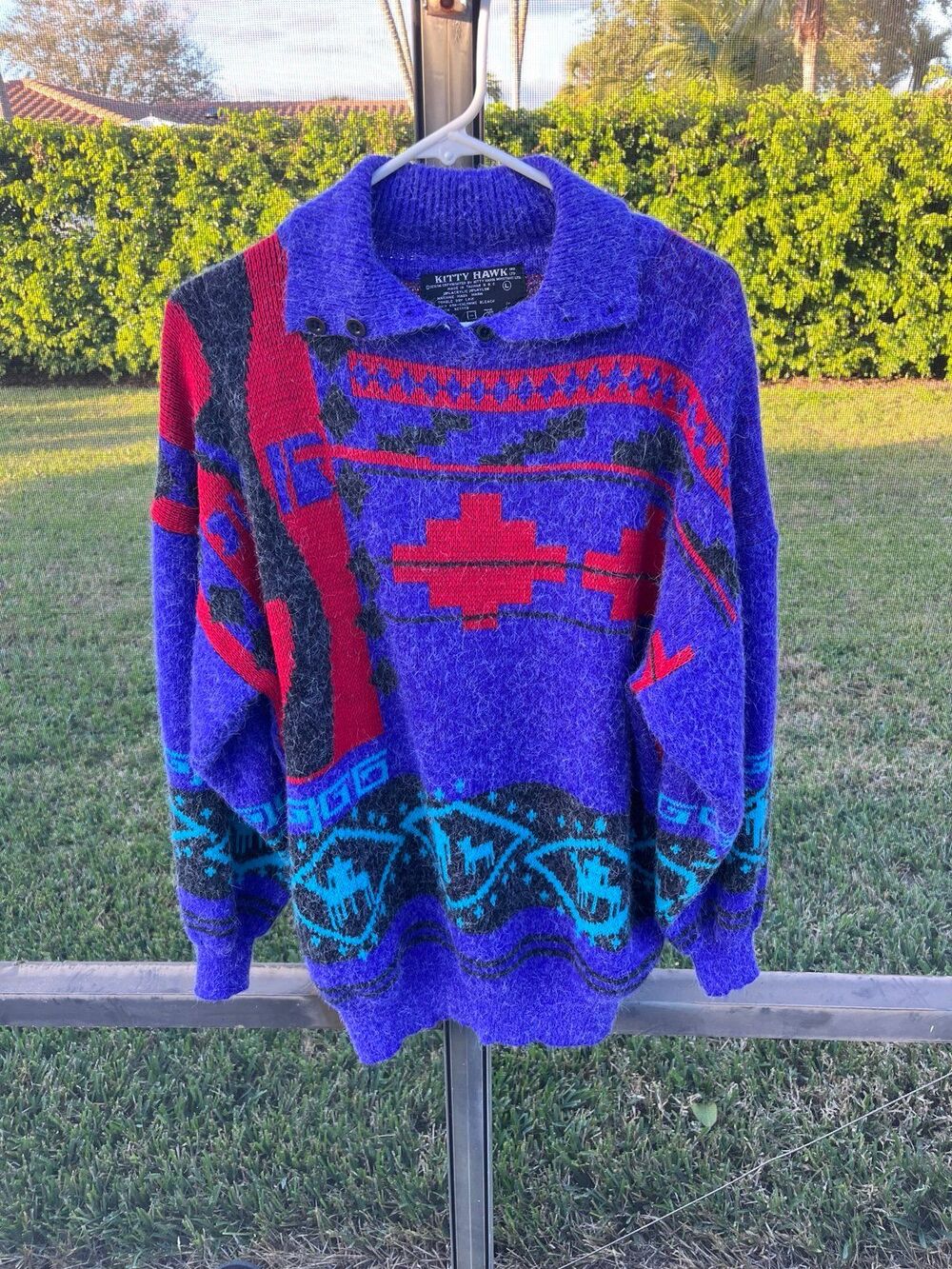 Vintage 80s 90s Kitty Hawk Knit Wool Sweater Large Colorful Geometric Aztec